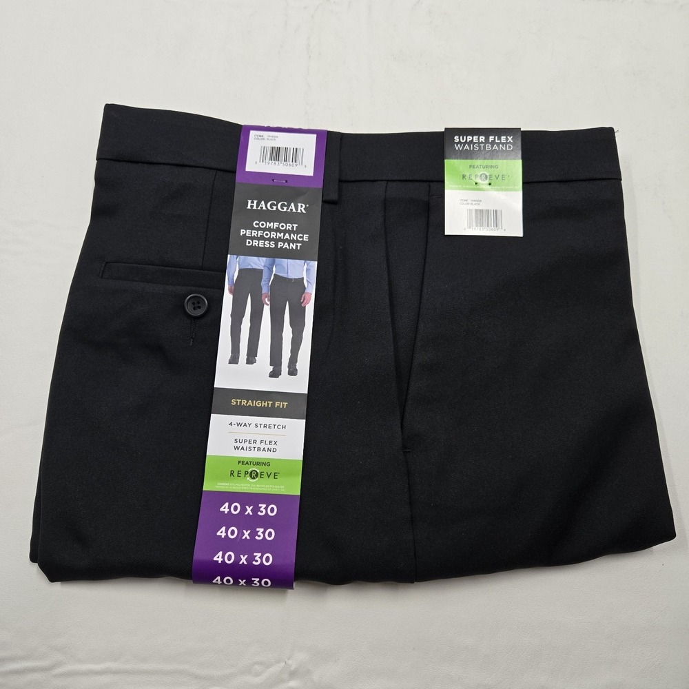 Haggar Men's Comfort Performance Dress Pant Straight Fit Black Size 40x30